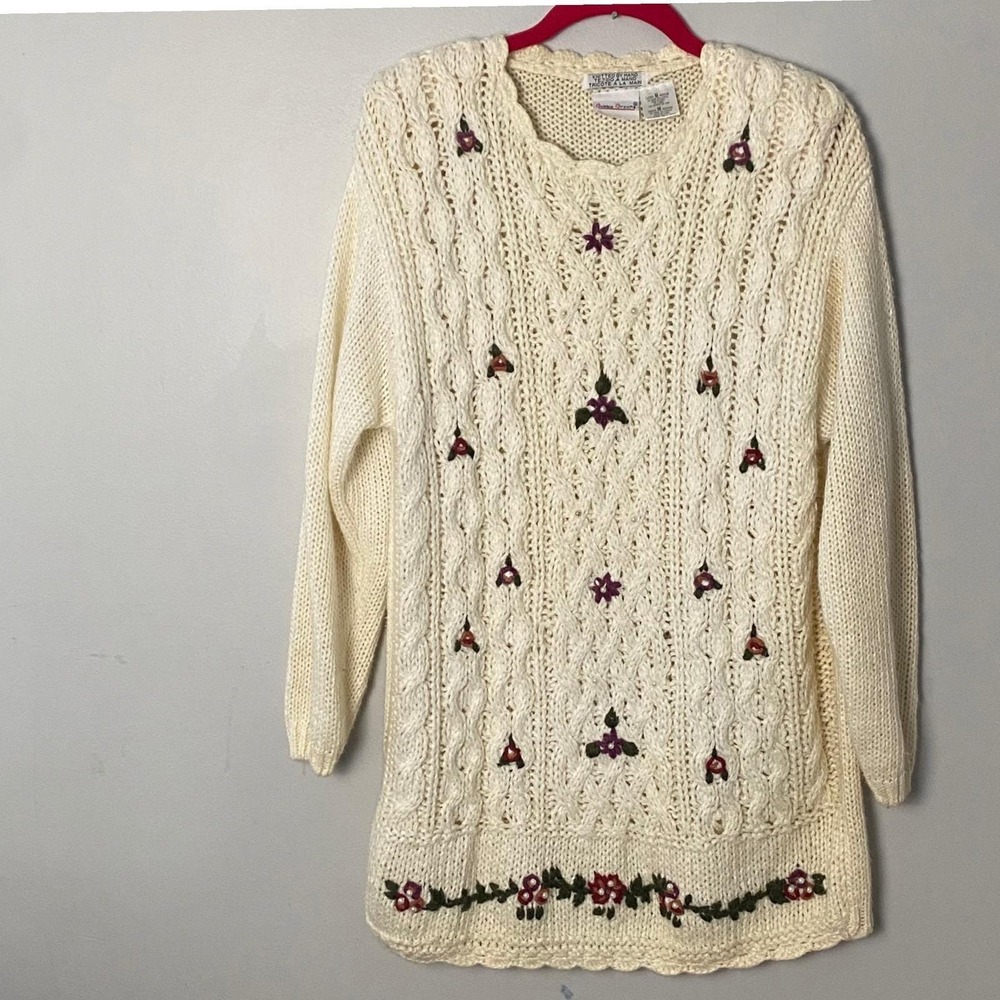 Vintage 90's Hand Knit Floral Tunic Sweater Cream Medium Cottagecore Grandmacore - Picture 3 of 7